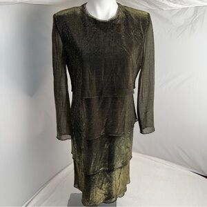 Patra vintage greenish gold and black metallic long sleeve tiered dress